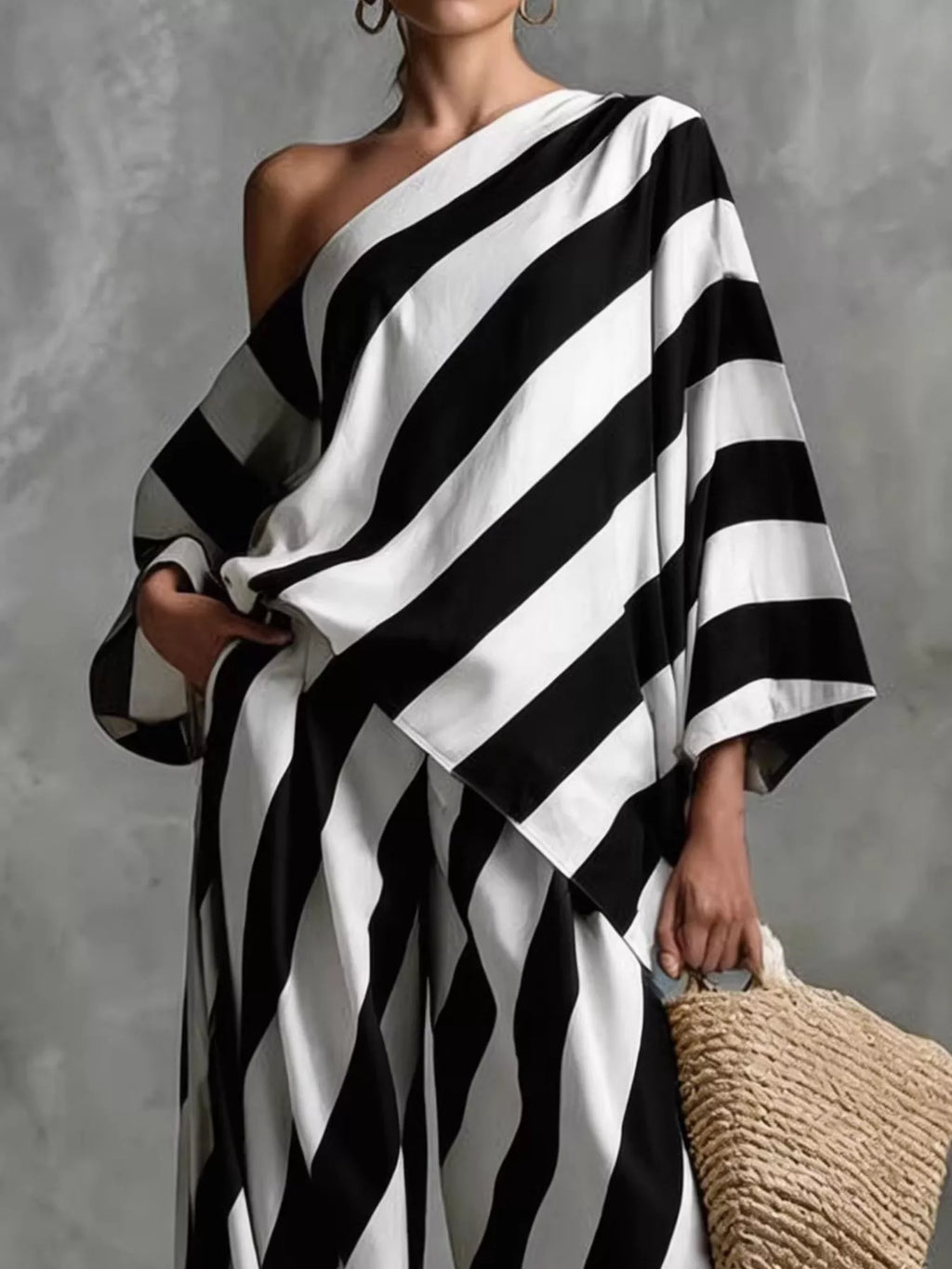Full Size One-shoulder Striped Top Wide-leg Pants Set Plus (2)