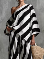 Full Size One-shoulder Striped Top Wide-leg Pants Set Plus (2)