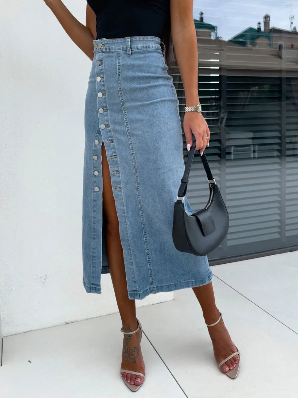 Front Button Slit Midi Denim Skirt (2)