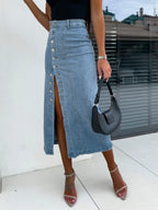 Front Button Slit Midi Denim Skirt (2)