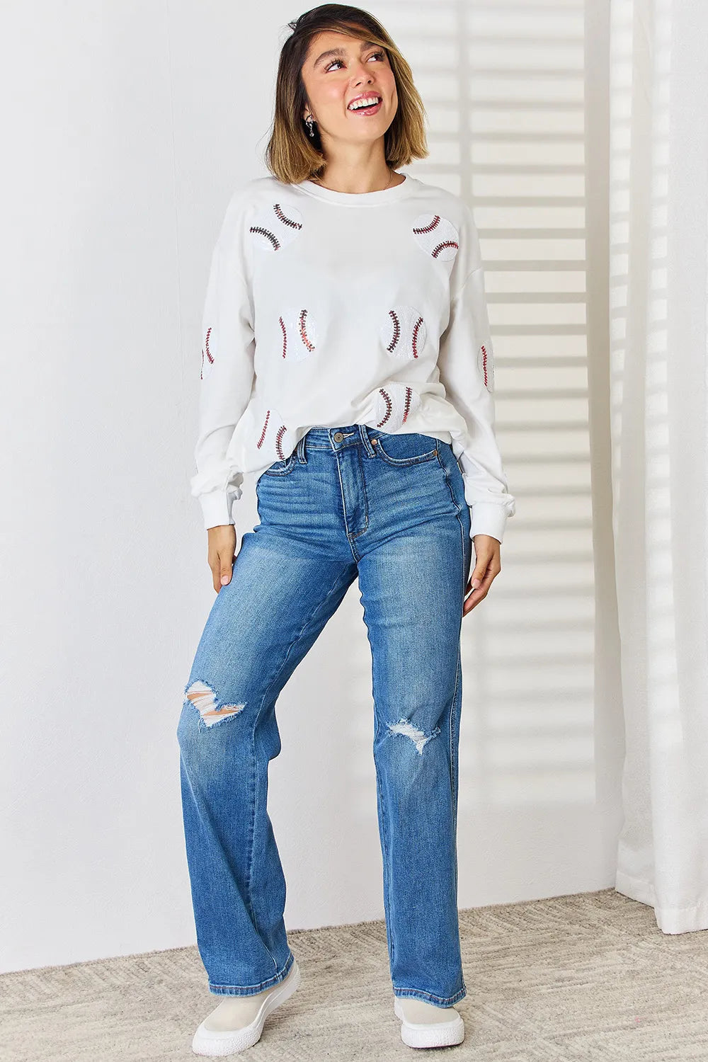 Sequin Baseball Round Neck Dropped Shoulder Sweatshirt (7)