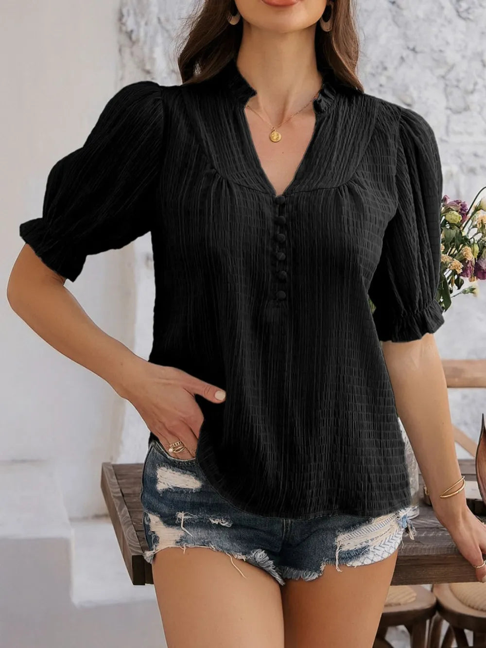 Frill Notched Short Sleeve Blouse (8)