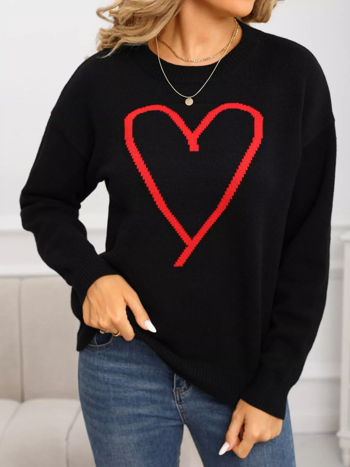 Valentine's Day Heart Graphic Dropped Shoulder Sweater (16)