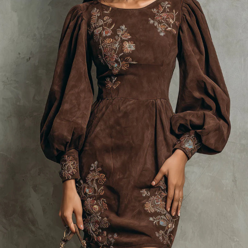 Boho Brown Puff Sleeve Floral Embroidered Suede Mini Dress variant CJLY253061701AZ|CJLY253061702BY|CJLY253061703CX|CJLY253061704DW|CJLY253061705EV|CJLY253061706FU|CJLY253061707GT|CJLY253061708HS|CJLY253061710JQ|CJLY253061711KP|CJLY253061712LO|CJLY253061713MN|CJLY253061714NM