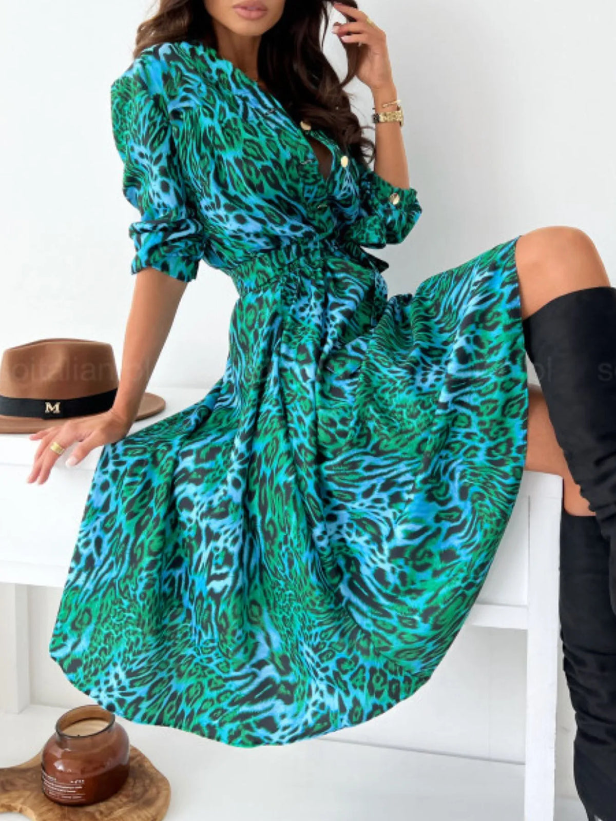 Printed Tie Waist Midi Dress (5)