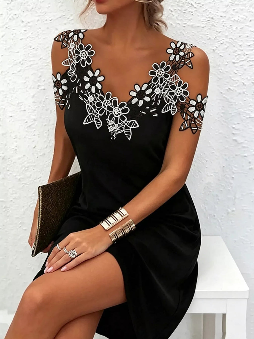 Lace Floral Trim Cold Shoulder Mini Dress (2)