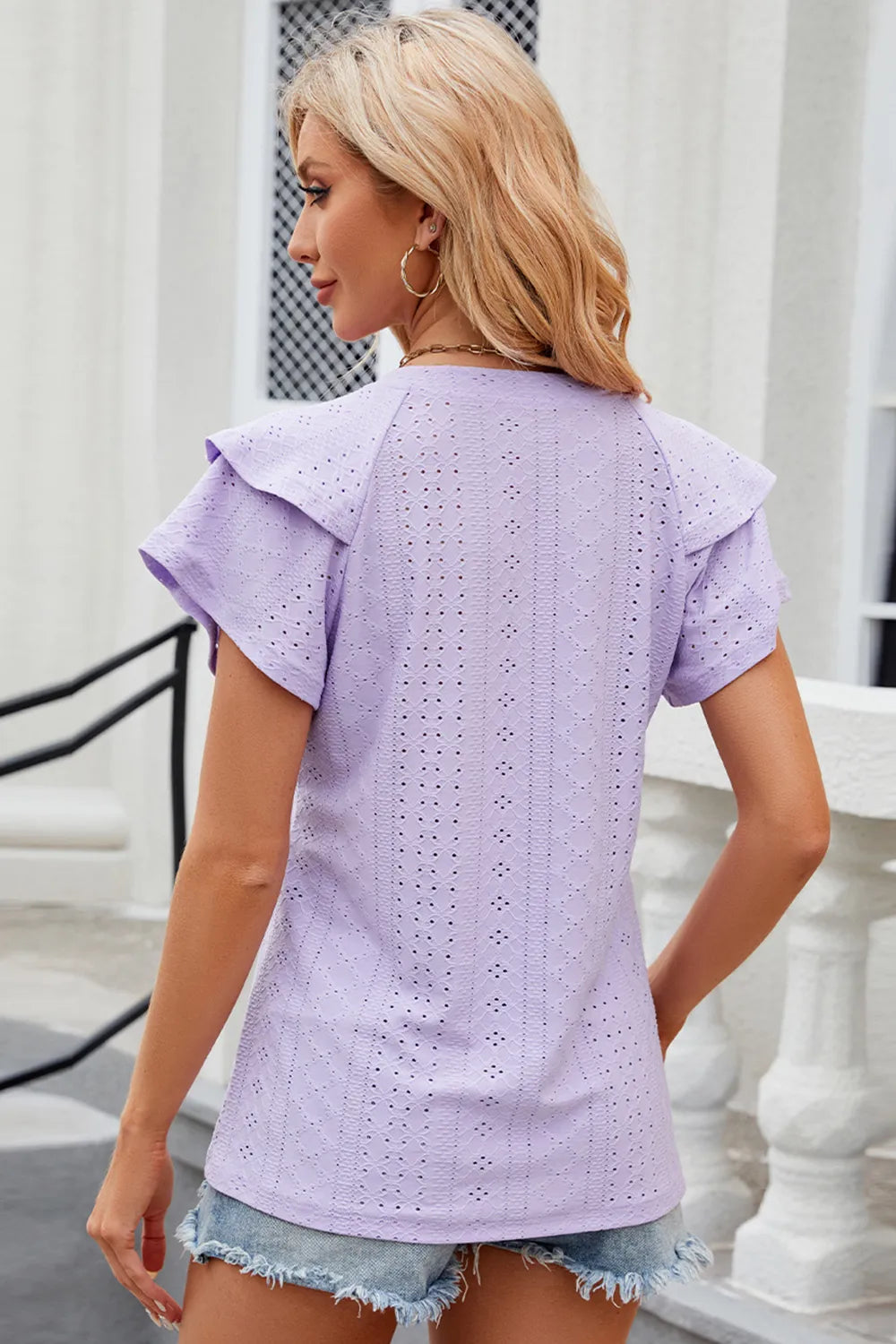 Eyelet Notched Flutter Sleeve T-shirt (2)