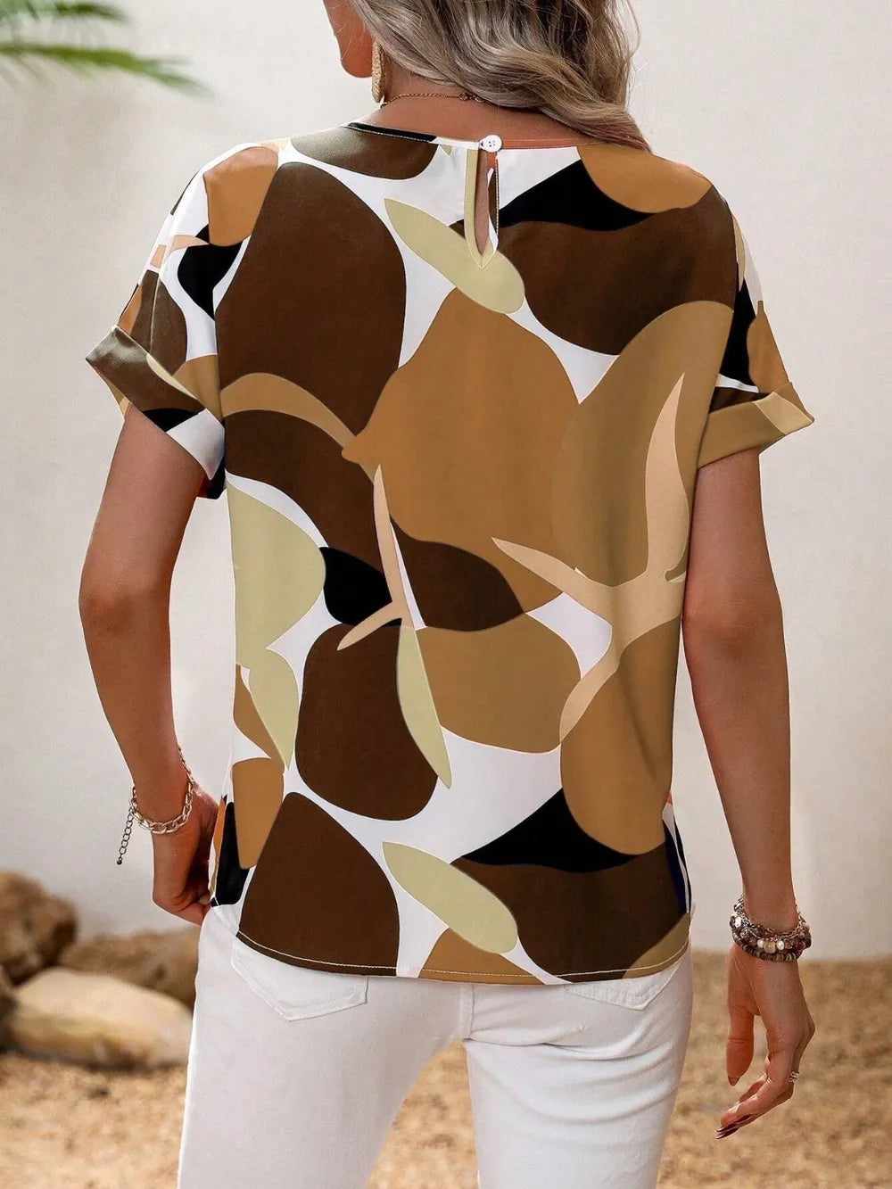 Contrast Round Neck Short Sleeve Blouse (6)