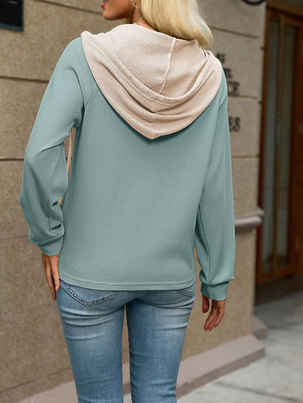 Waffle Knit Henley Hoodie Contrast Trim (23)