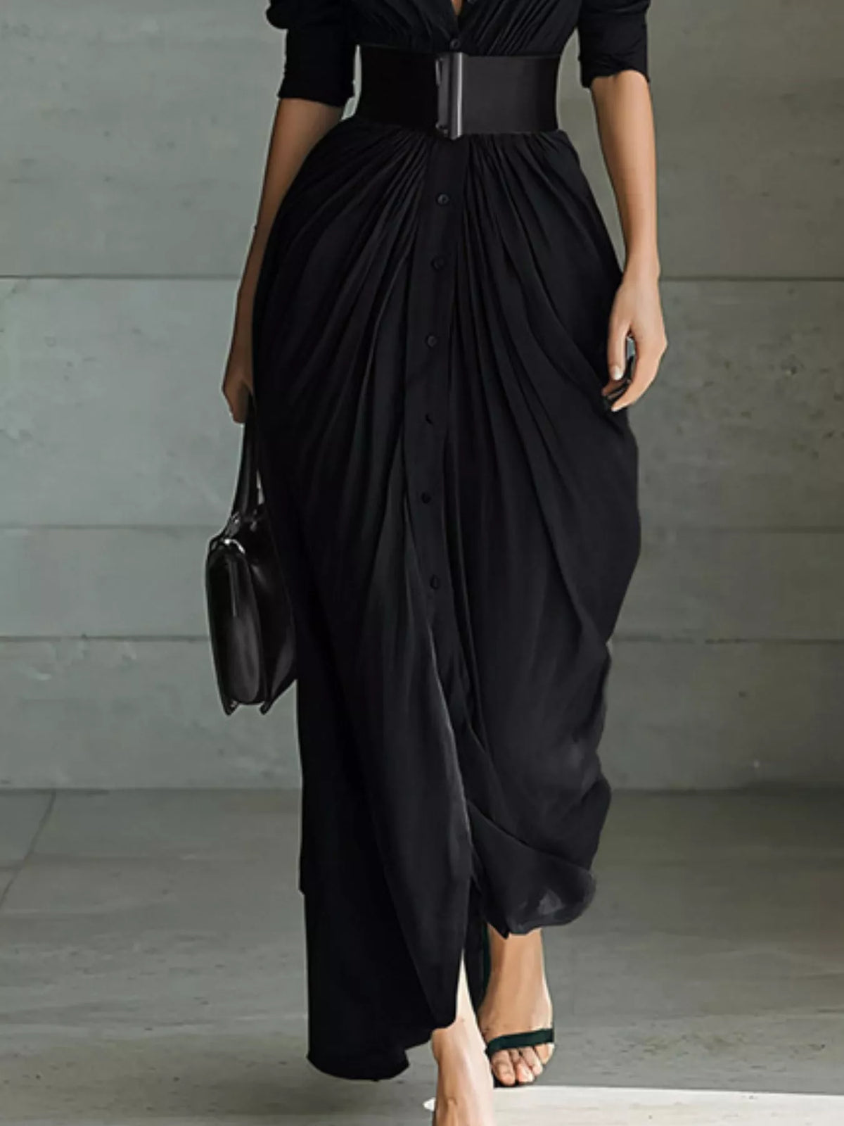 Full Size Button Front Ruched Shirt Maxi Dress Plus (8)