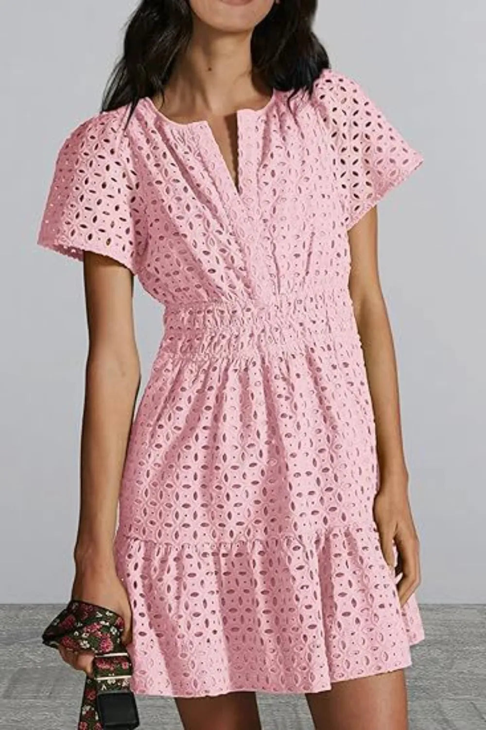 Eyelet Notched Short Sleeve Mini Dress (7)