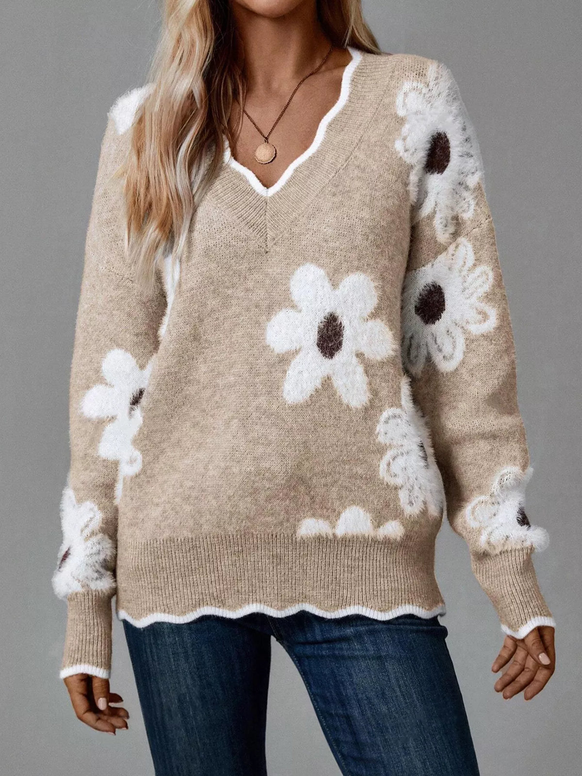 Floral V-neck Long Sleeve Sweater (9)