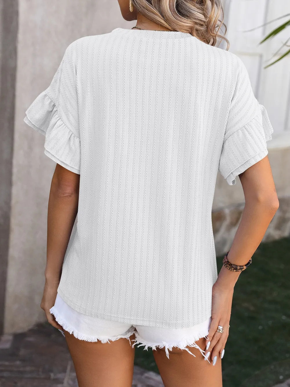Ruffled Round Neck Short Sleeve Blouse (17)