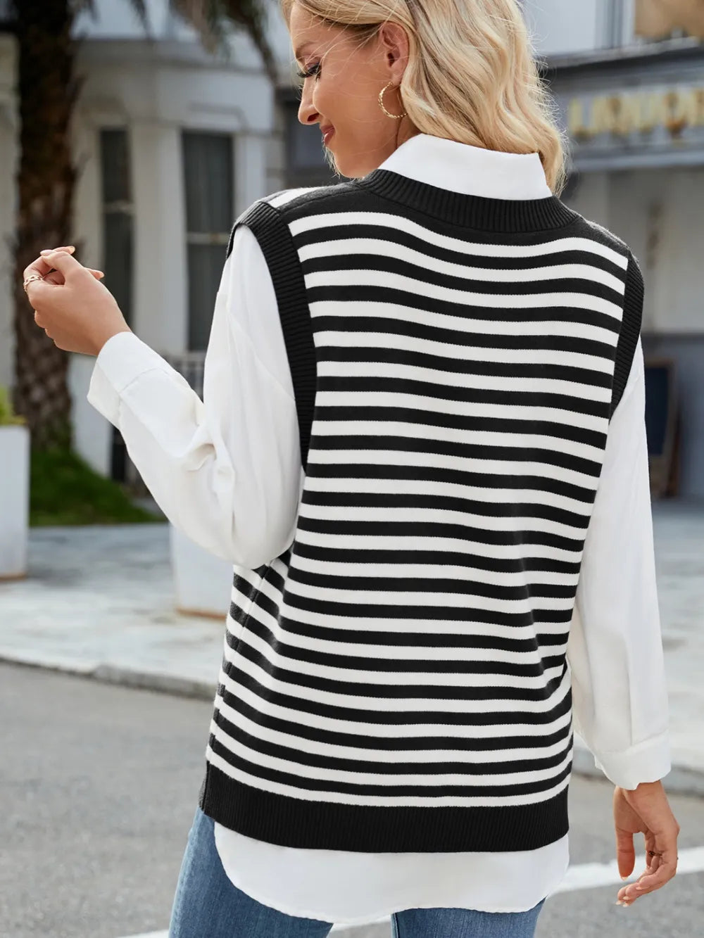 Slit V-neck Striped Sweater Vest (12)