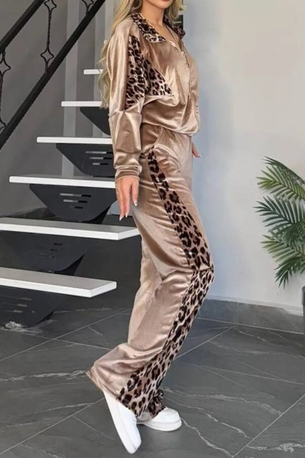 Full Size Collared Neck Leopard Zip Up Top Pants Set Plus (9)