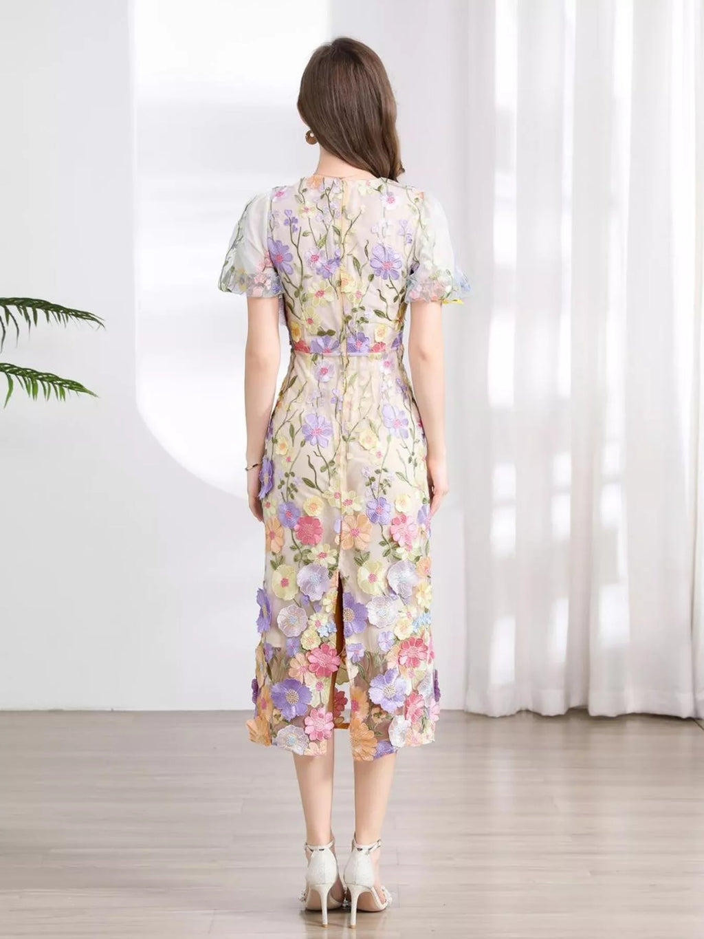 Floral Embroidered Puff Sleeve Midi Dress (6)