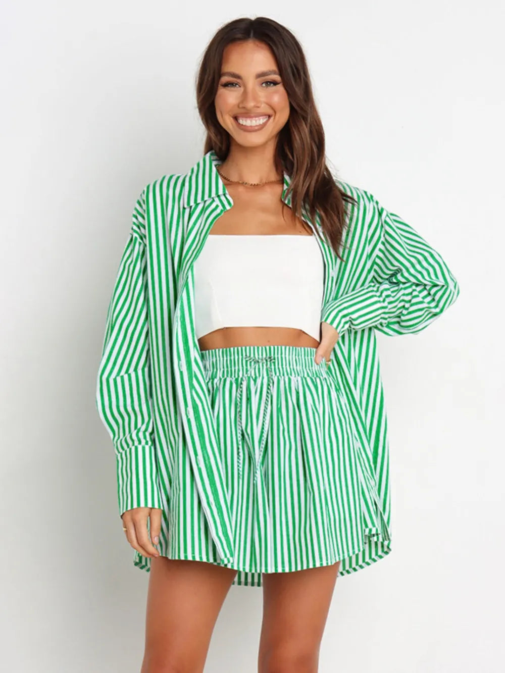 Striped Dropped Shoulder Shirt Shorts Set (8)