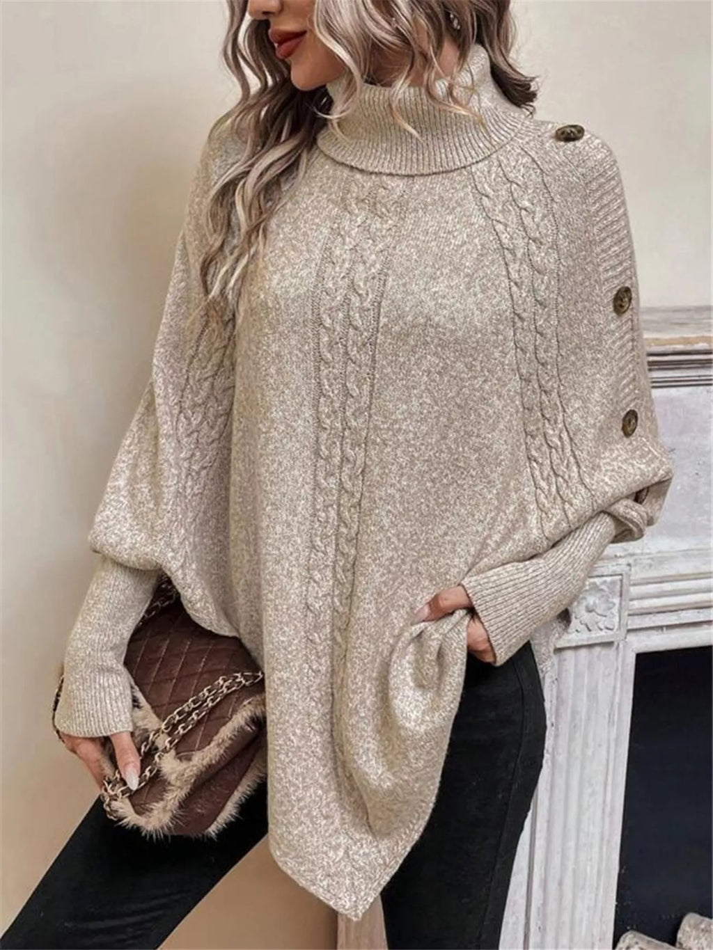 Cable Knit Turtleneck Cape Sweater (4)