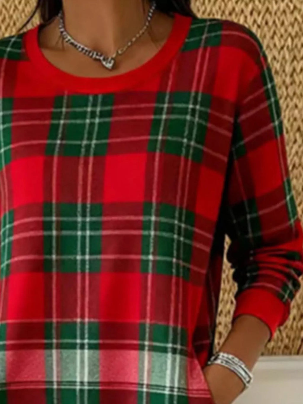 Full Size Plaid Long Sleeve Crew Neck Dress Pockets Plus (4)