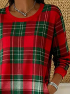Full Size Plaid Long Sleeve Crew Neck Dress Pockets Plus (4)