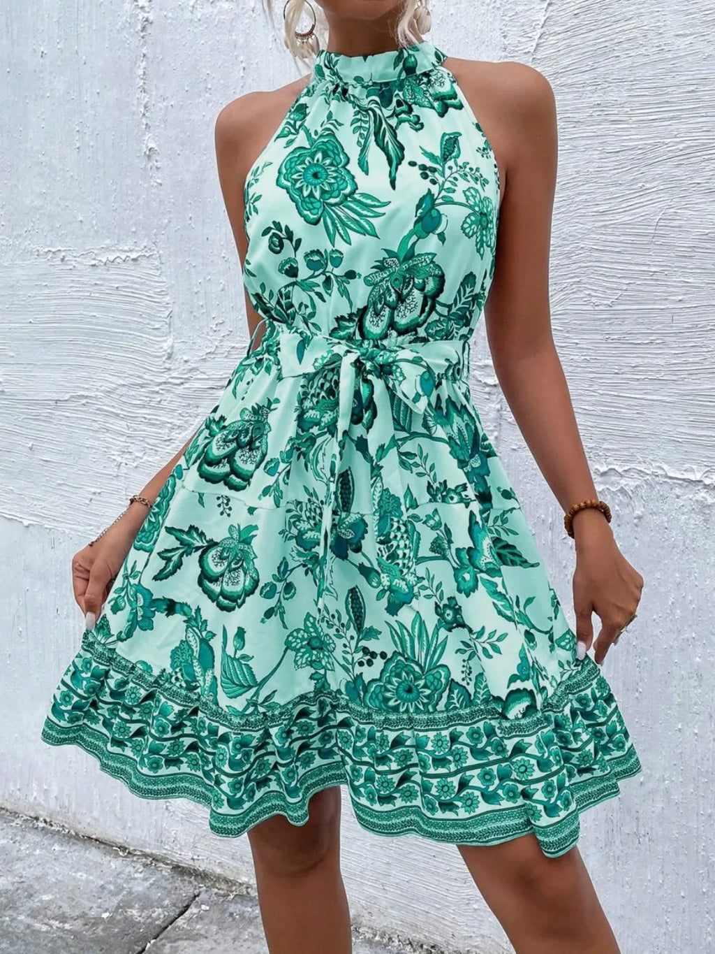 Printed Tie Waist Mini Dress (4)