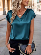 Satin V-neck Short Sleeve Blouse (25)