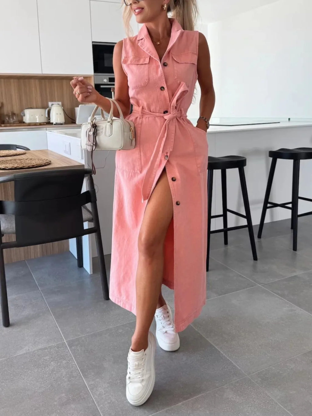 Button Front Sleeveless Denim Dress (6)