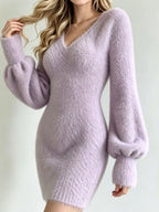 Fuzzy V-neck Long Sleeve Sweater Dress (14)