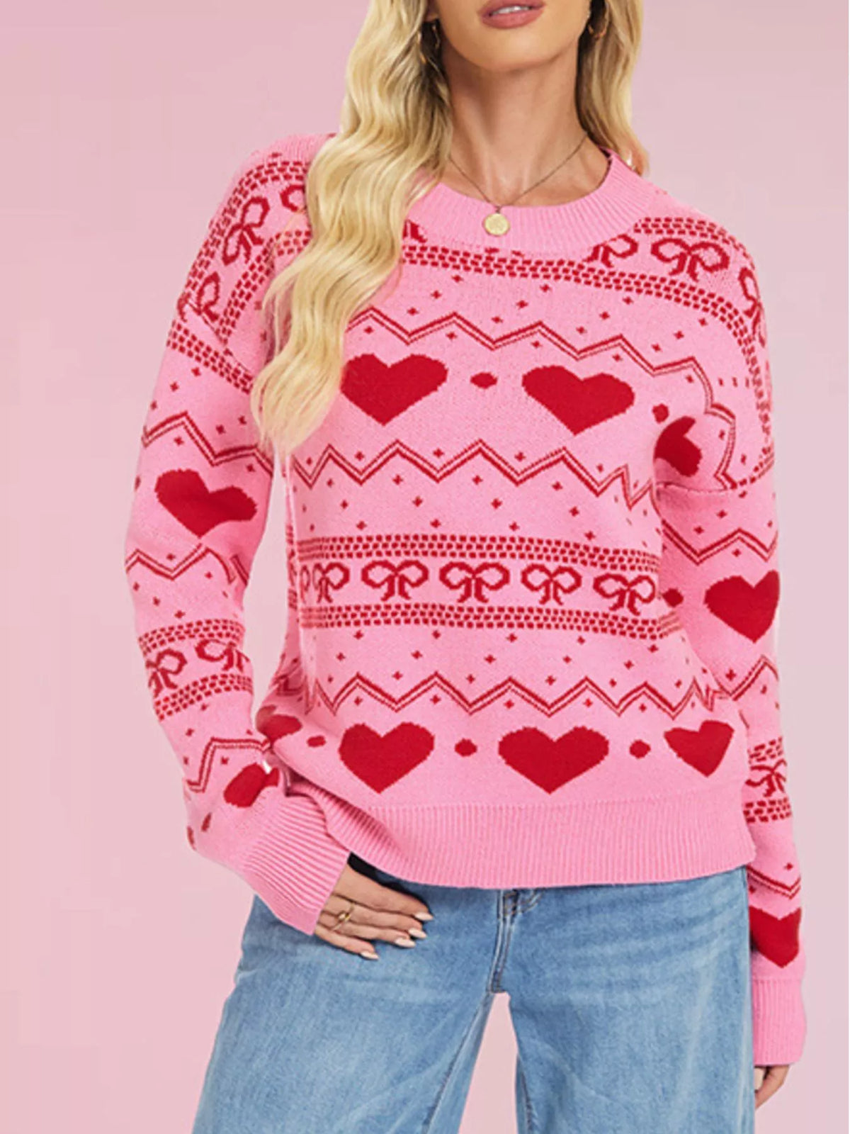 Heart Pattern Dropped Shoulder Sweater (3)
