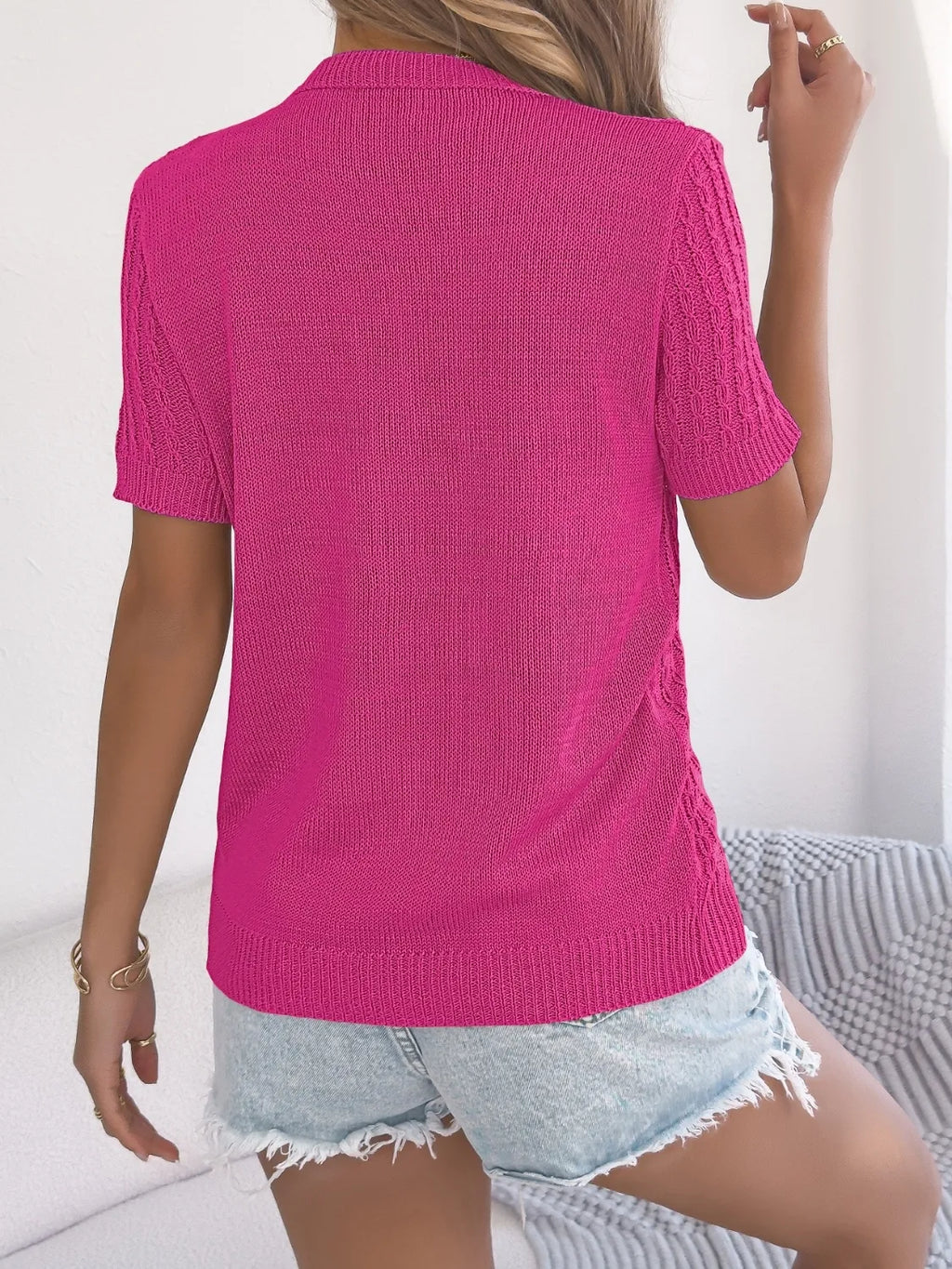 Cable Knit Button Down Short Sleeve Cardigan (14)