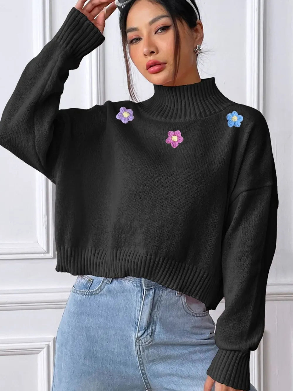 Flower Turtleneck Long Sleeve Sweater (11)