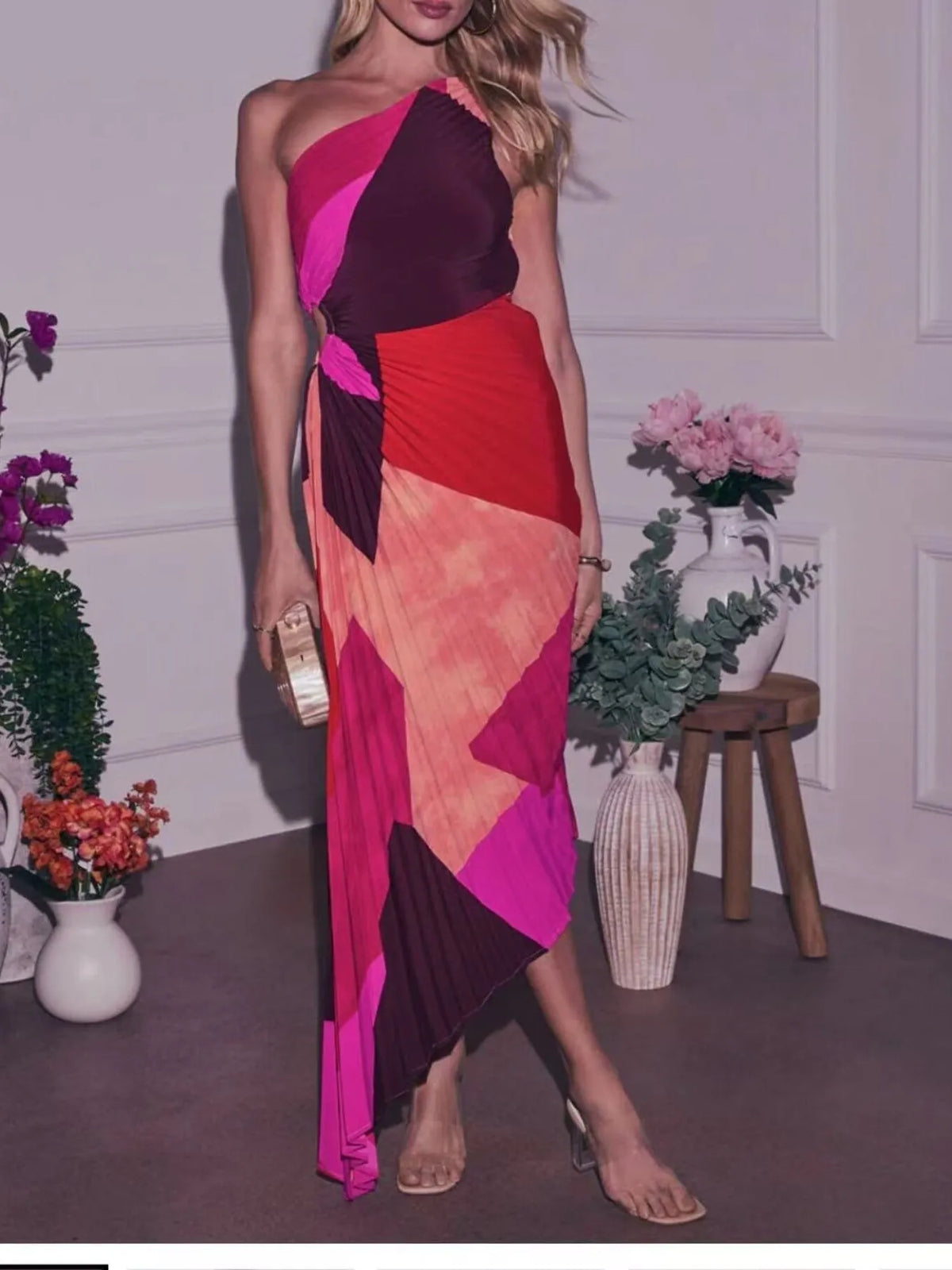 Single Shoulder Floral Pleated Dress (11)
