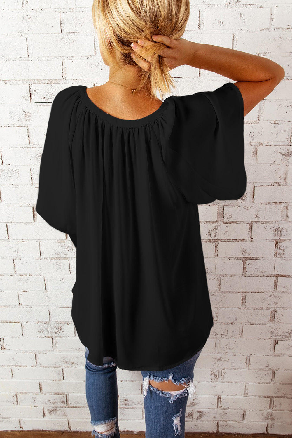 Gathered Detail Notched Neck Flutter Sleeve Top (11)