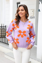 Floral Print Round Neck Dropped Shoulder Pullover Sweater (3)