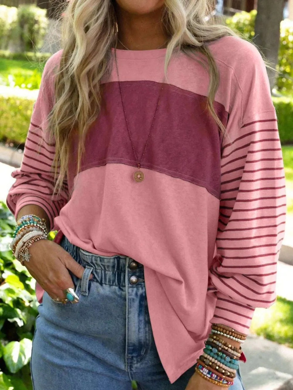 Round Neck Striped Long Sleeve Slit T-shirt (6)