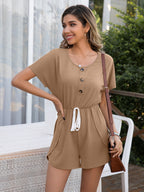 Decorative Button Round Neck Short Sleeve Romper (8)