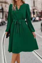 Tie Waist Notched Neck Long Sleeve Dress (3)