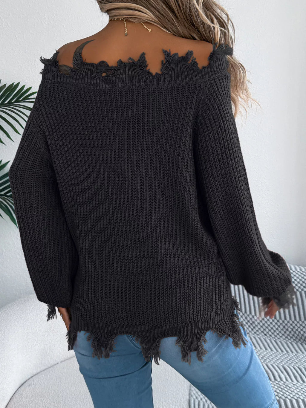 Distressed Hem Openwork Off-shoulder Sweater (12)