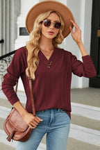 Decorative Button V-neck Long Sleeve T-shirt (3)