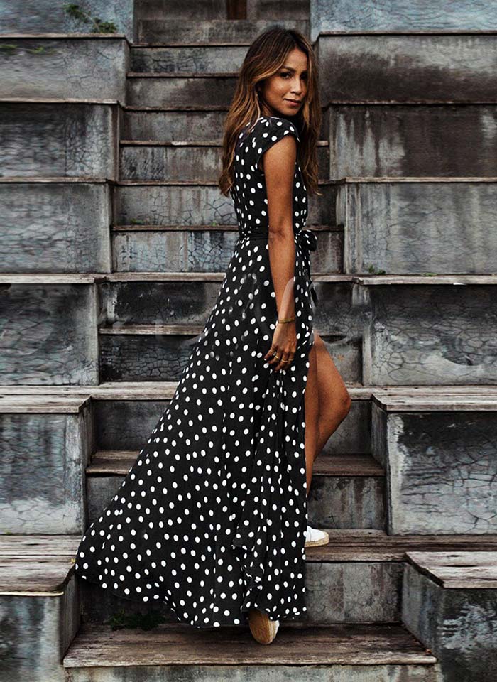 V-neck Polka Dot Dress variant CJNSSYLY05972-Black-XL|CJNSSYLY05972-Black-M|CJNSSYLY05972-Black-S|CJNSSYLY05972-Black-3XL|CJNSSYLY05972-Black-L|CJNSSYLY05972-Black-XXL|CJNSSYLY05972-Black-4XL