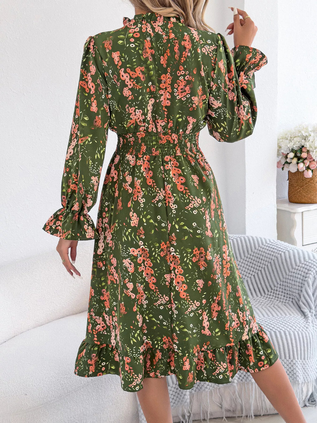 Floral Print Ruffle Hem Flounce Sleeve A-line Dress (10)