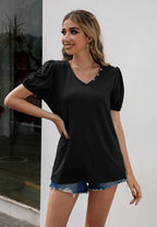 V-neck Decorative Buttons Puff Sleeve Tee (5)
