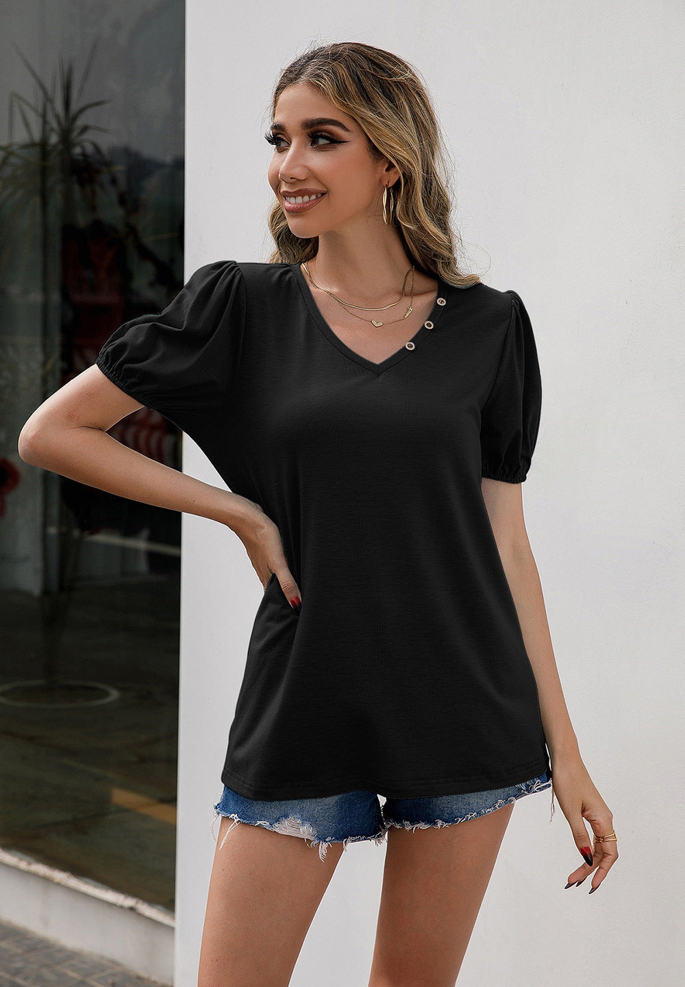 V-neck Decorative Buttons Puff Sleeve Tee (5)