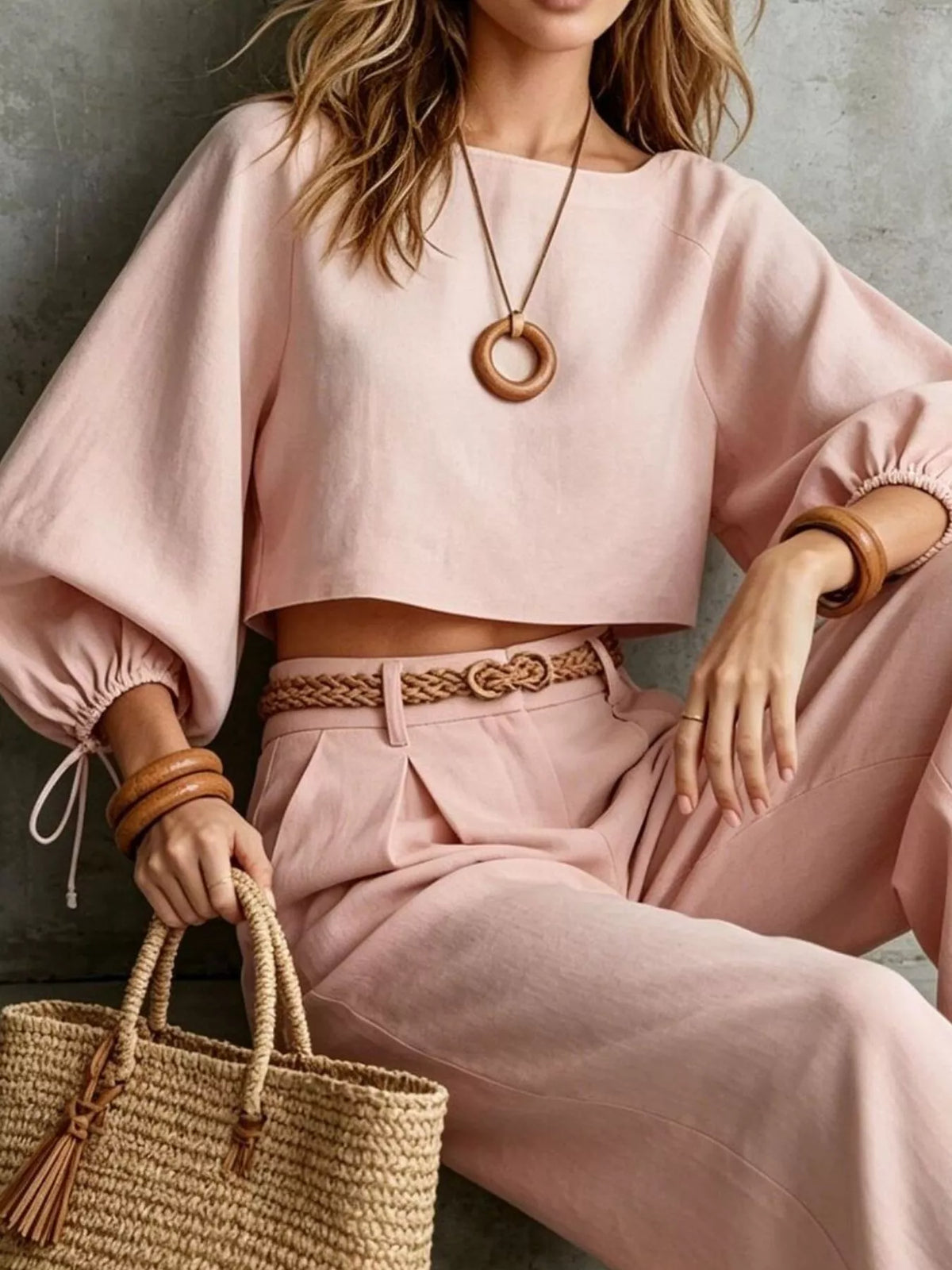 Balloon Sleeve Crop Top Wide-leg Pants Set (10)
