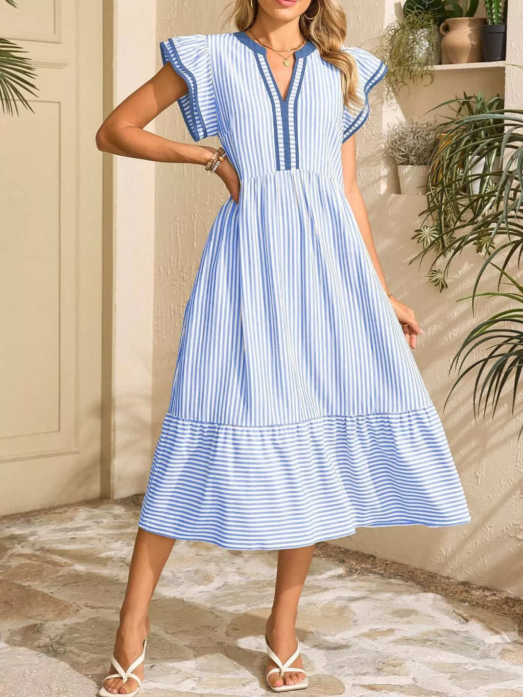 Striped Notched Ruffle Sleeve Dress (2)