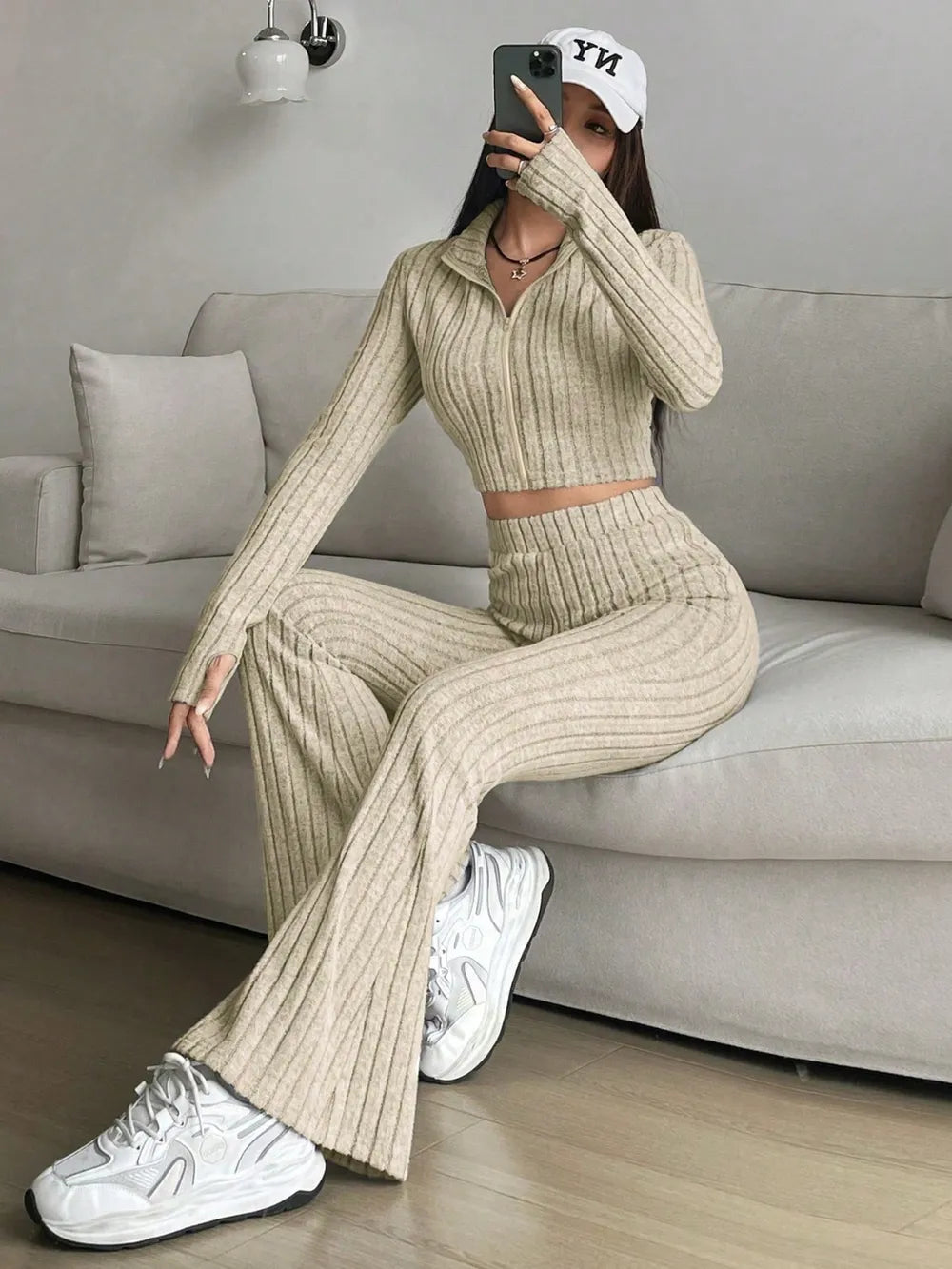 Zip Up Long Sleeve Top Pants Set (3)