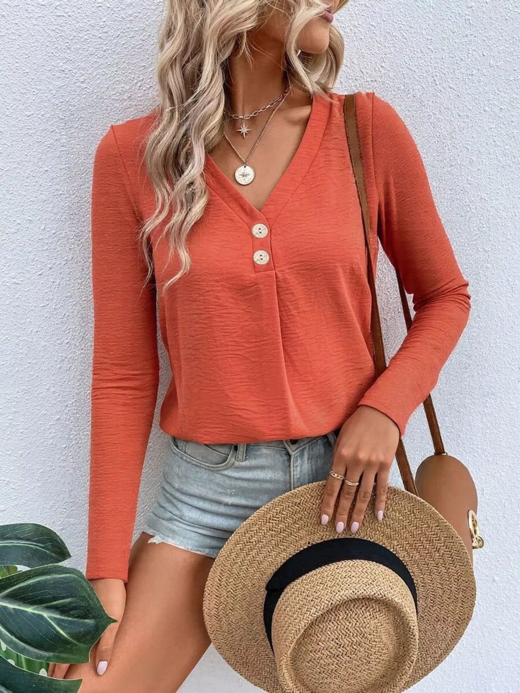 Full Size V-neck Decor Button Long Sleeve T-shirt Plus (15)