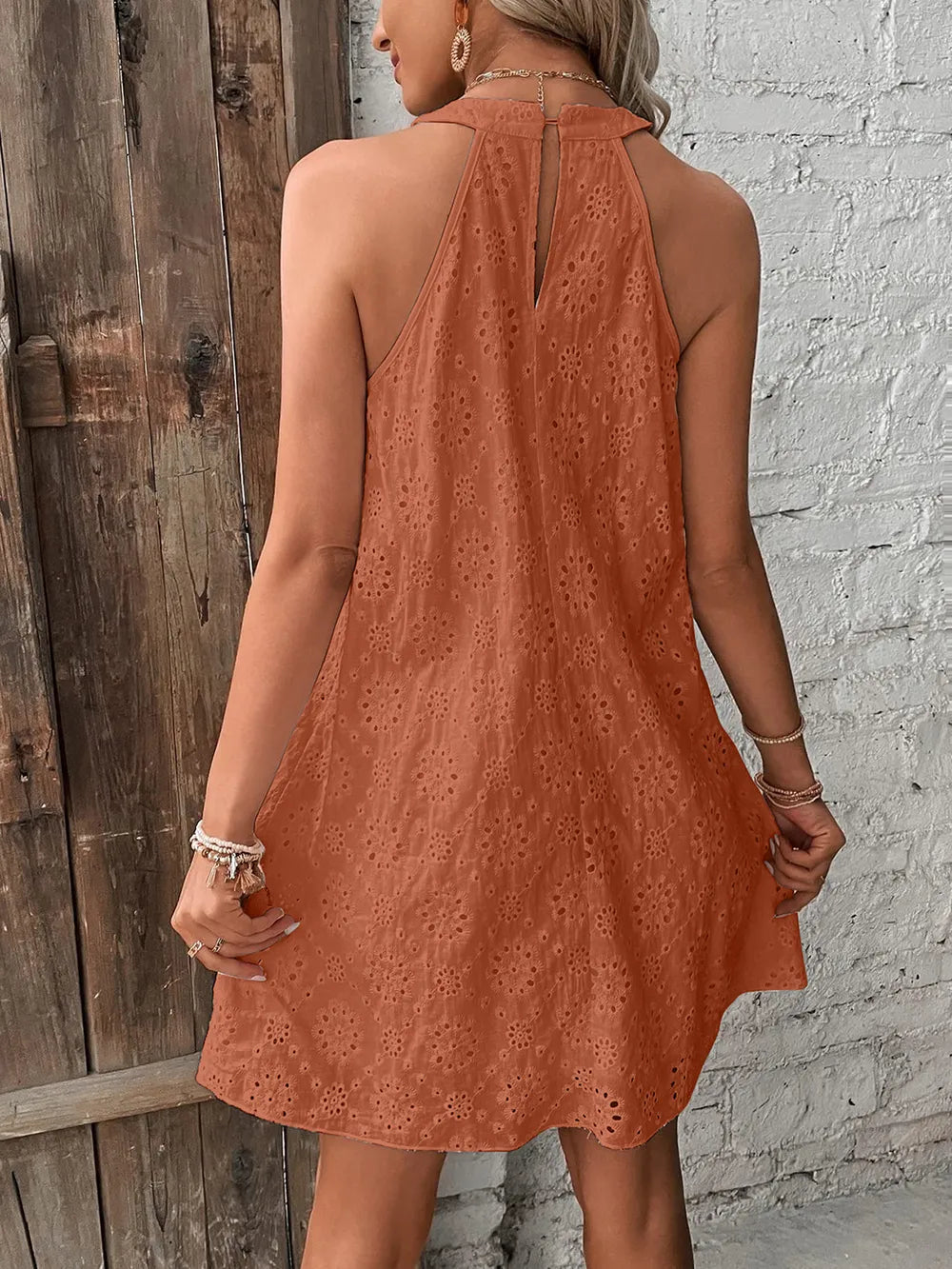 Eyelet Grecian Neck Mini Dress (2)