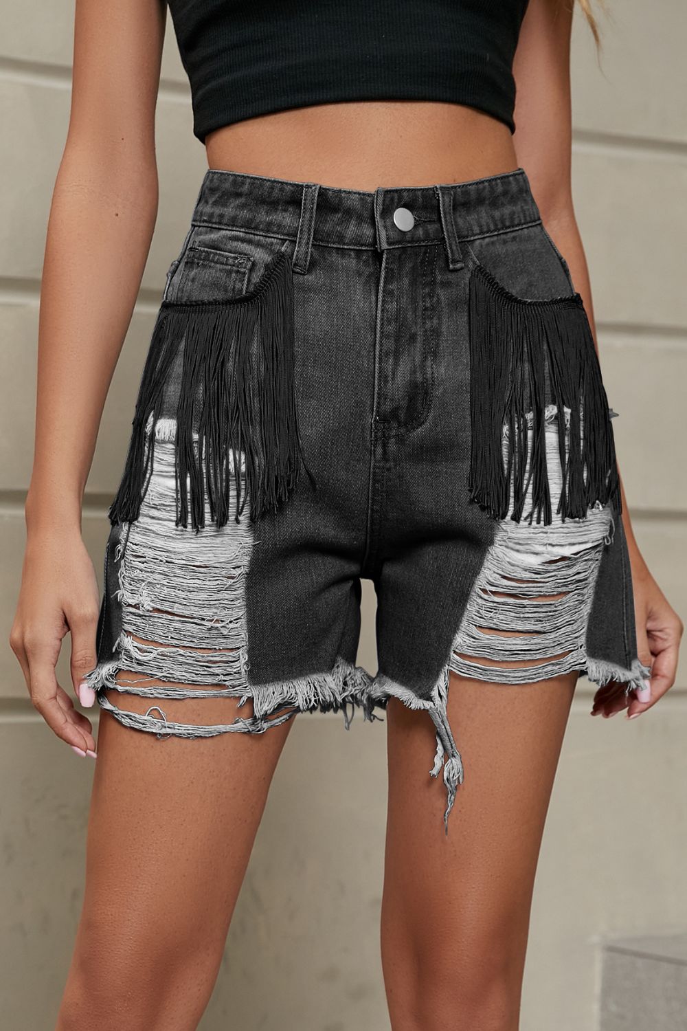 Fringe Trim Distressed Denim Shorts Pockets (13)