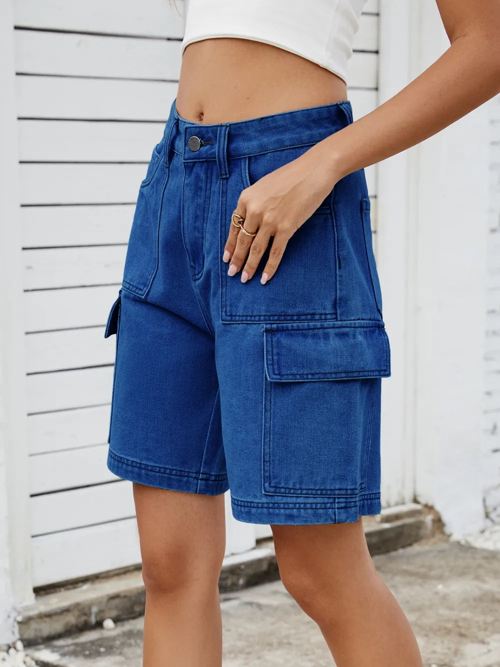 High Waist Denim Shorts Cargo Pockets (14)